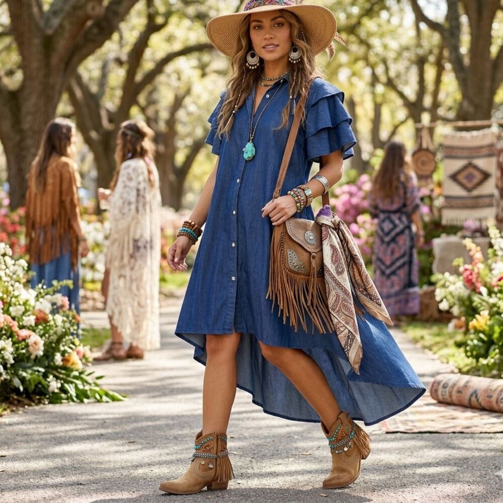 Step In Style Denim Dress M Blue Chambray Tiered Ruffle Sleeve High Low Boho